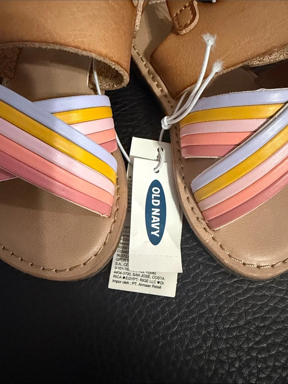 Old Navy Tan Sandals with Pink, Yellow & White Straps